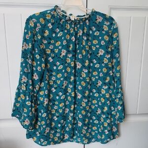 Cato Teal Floral Blouse with Pink and Mustard Flowers